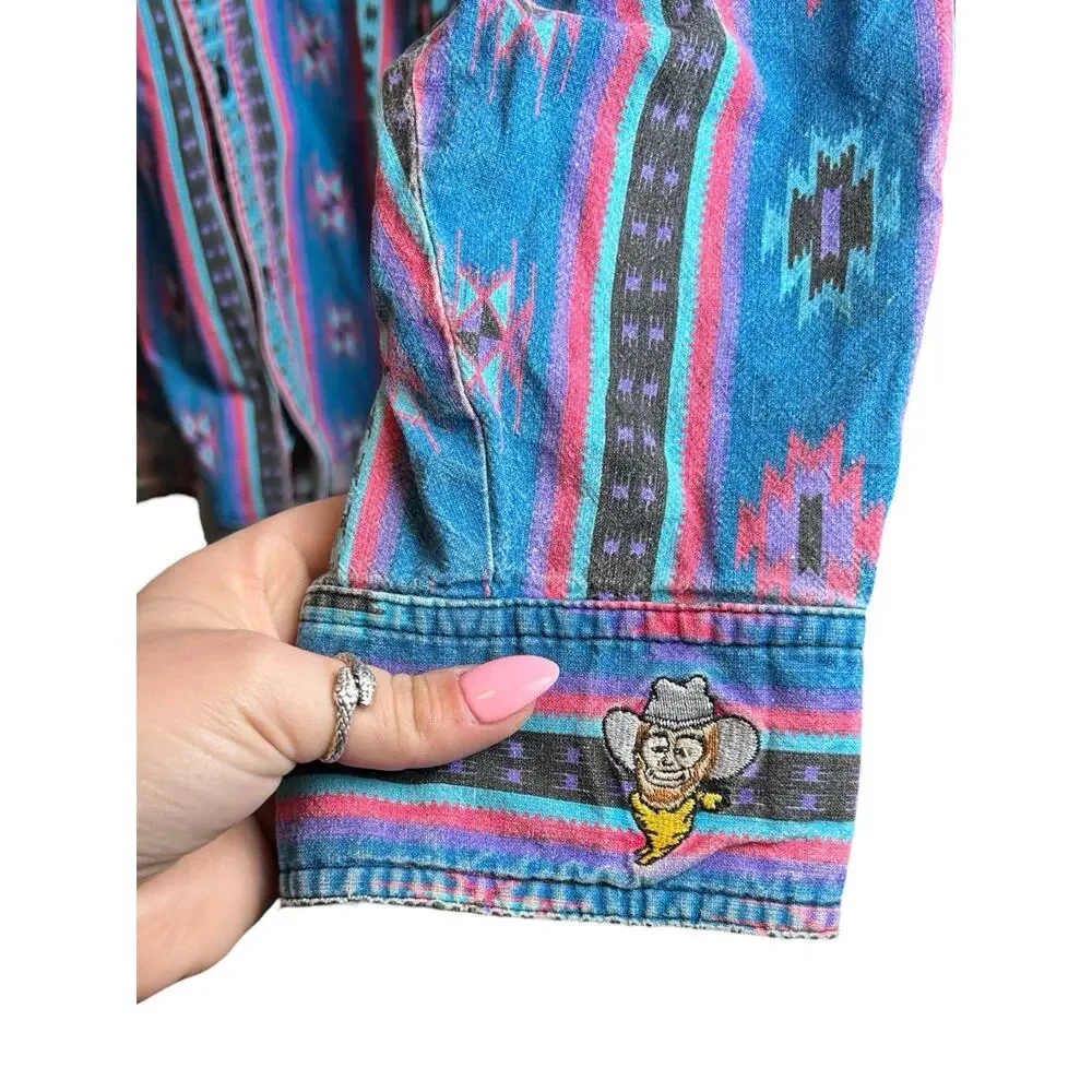 Vintage 90s Distressed Aztec Western Button Up Shirt Cowboy Embroidered XL - Picture 5 of 8